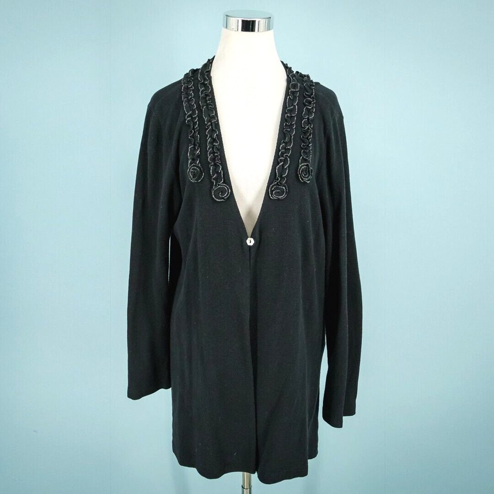 Chalet Size Large L Black Waffle Knit Ruffle Tunic Length Cotton Cardigan Jacket